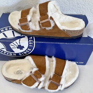 NEW IN BOX Birkenstock Womens Arizona Shearling Suede Leather Slide 36 Mink